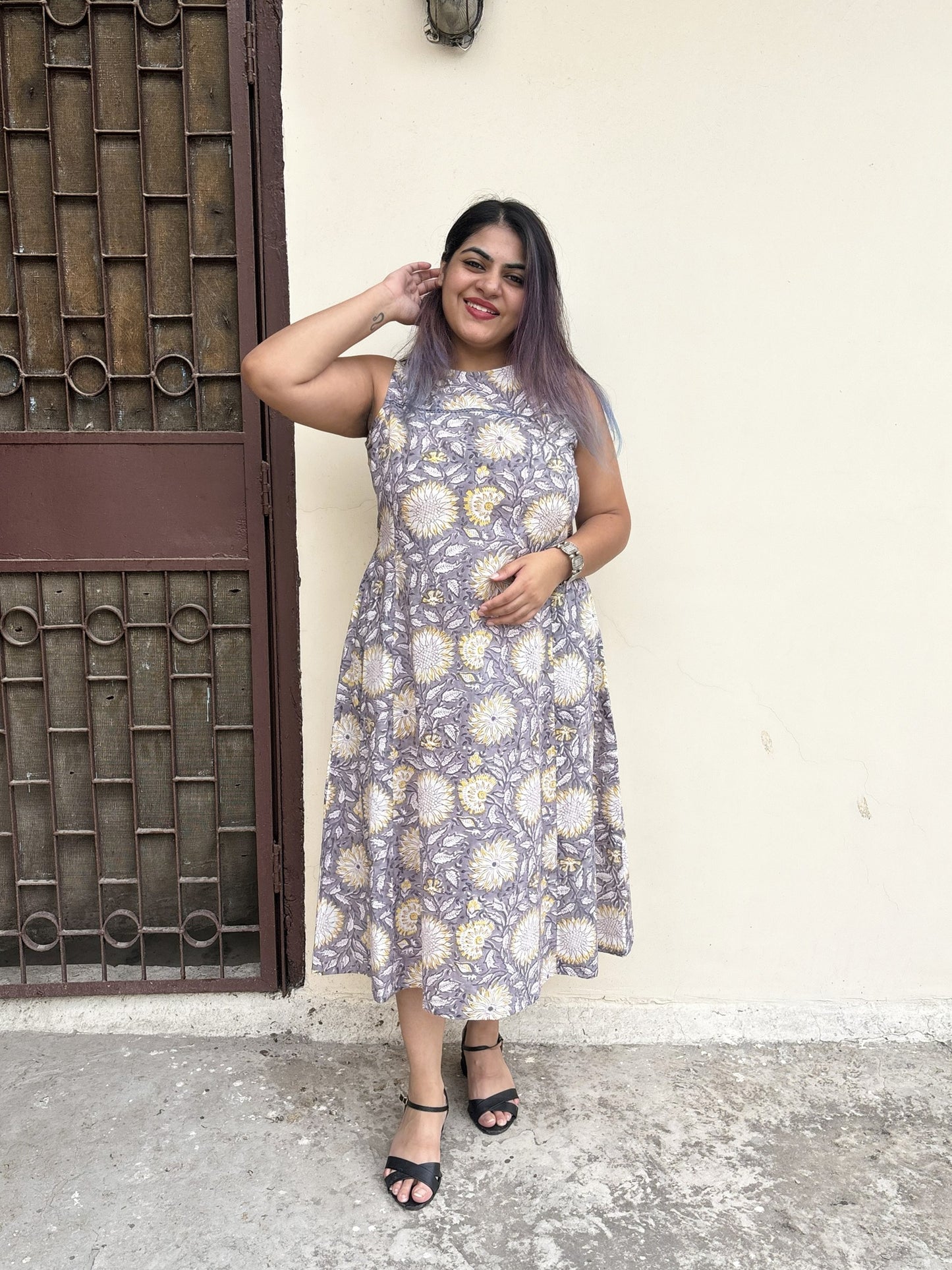 Sunflower Haze Hand Block Printed Midi Dress with Lace Detailing