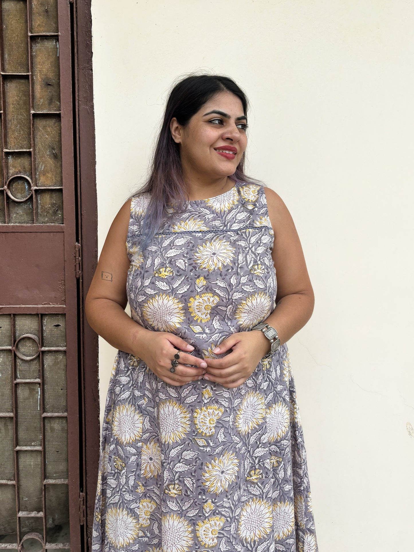 Sunflower Haze Hand Block Printed Midi Dress with Lace Detailing