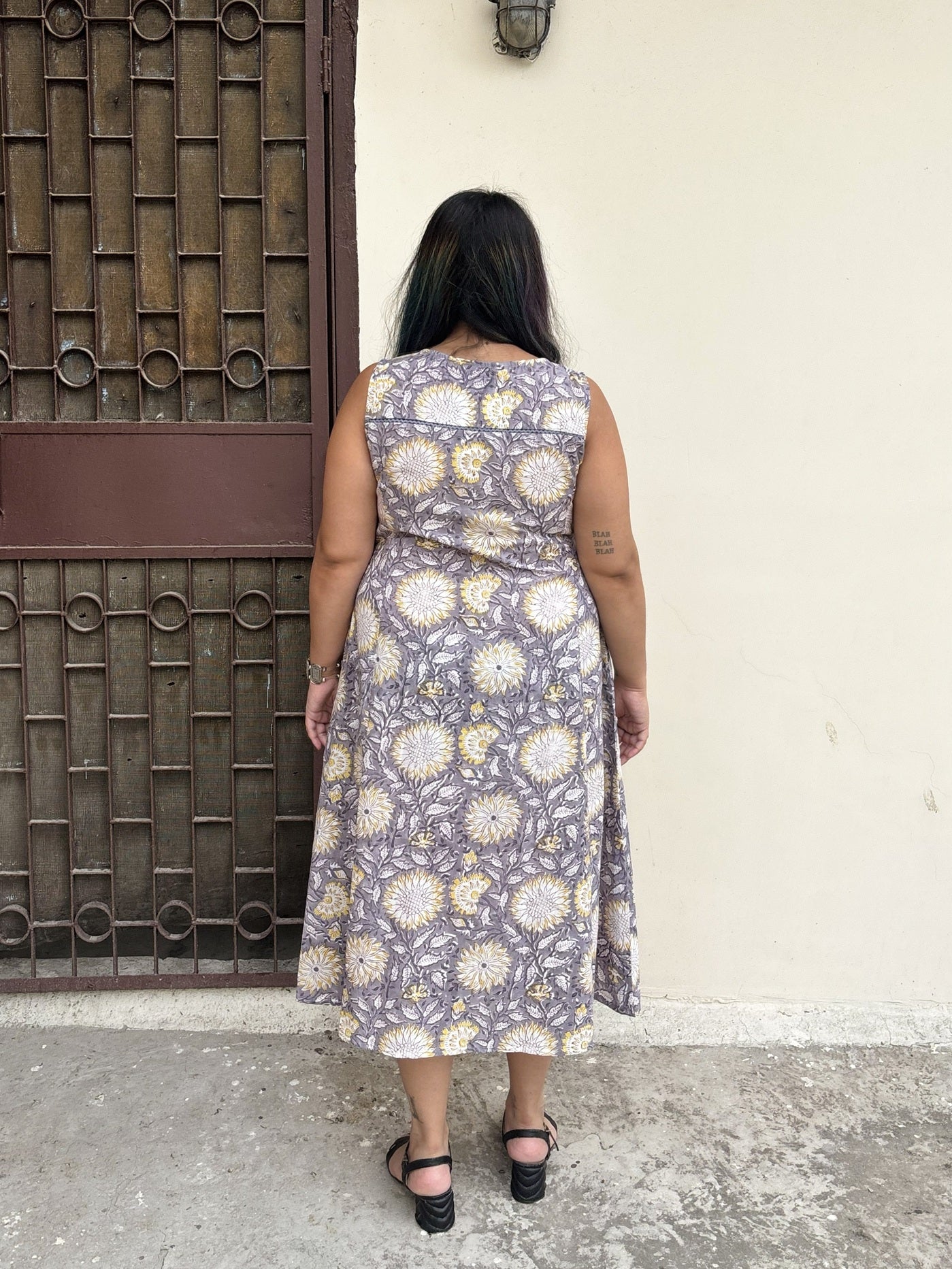 Sunflower Haze Hand Block Printed Midi Dress with Lace Detailing