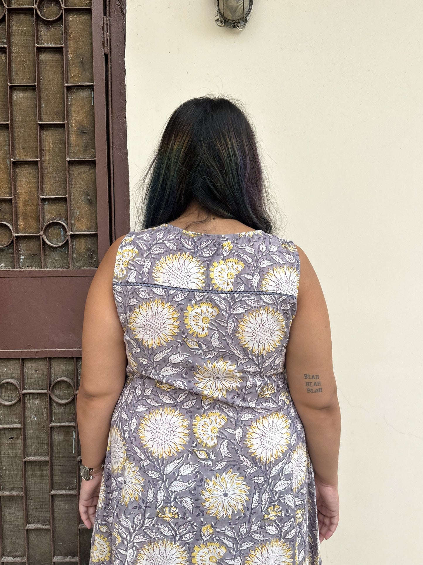 Sunflower Haze Hand Block Printed Midi Dress with Lace Detailing