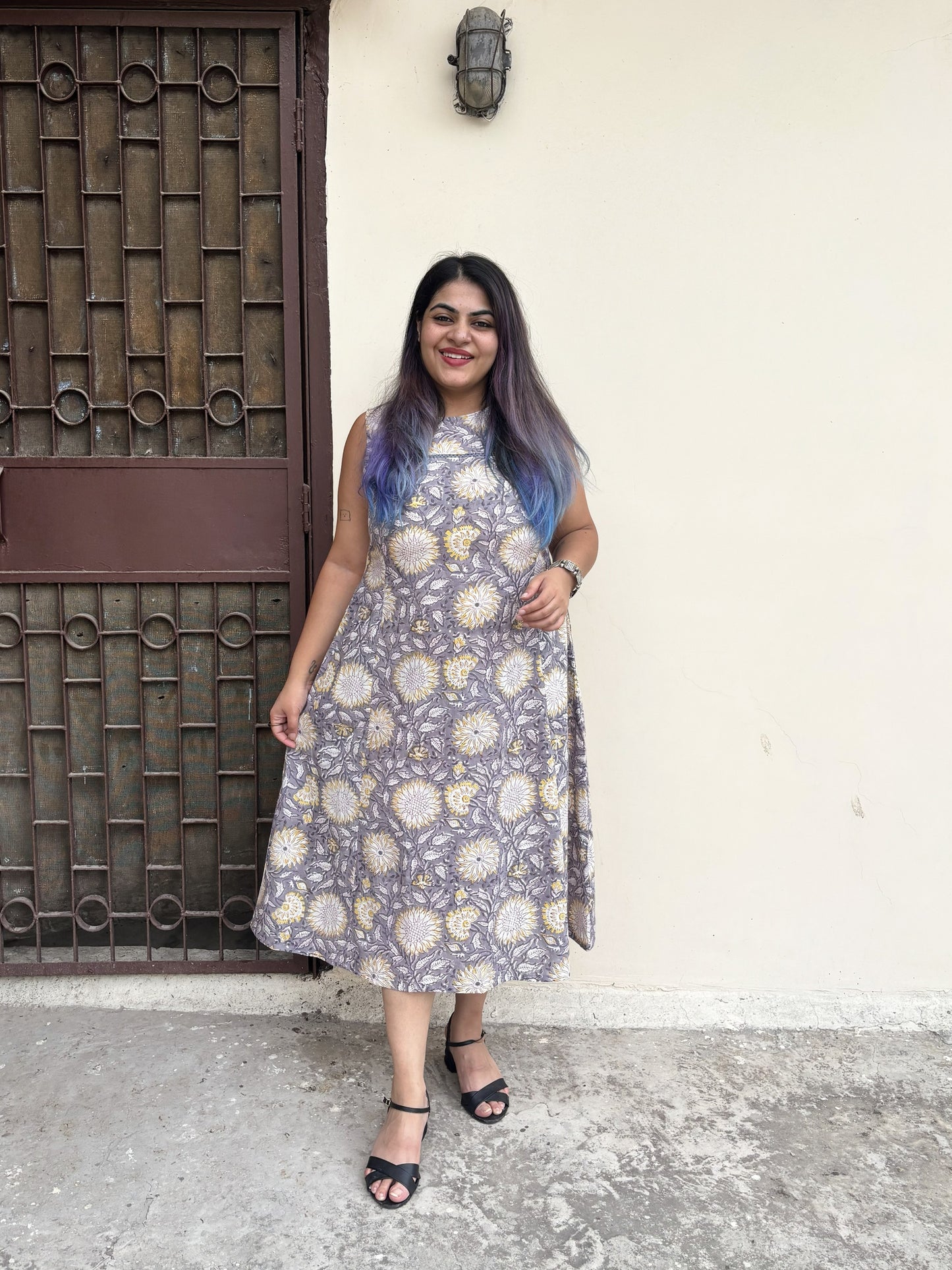 Sunflower Haze Hand Block Printed Midi Dress with Lace Detailing