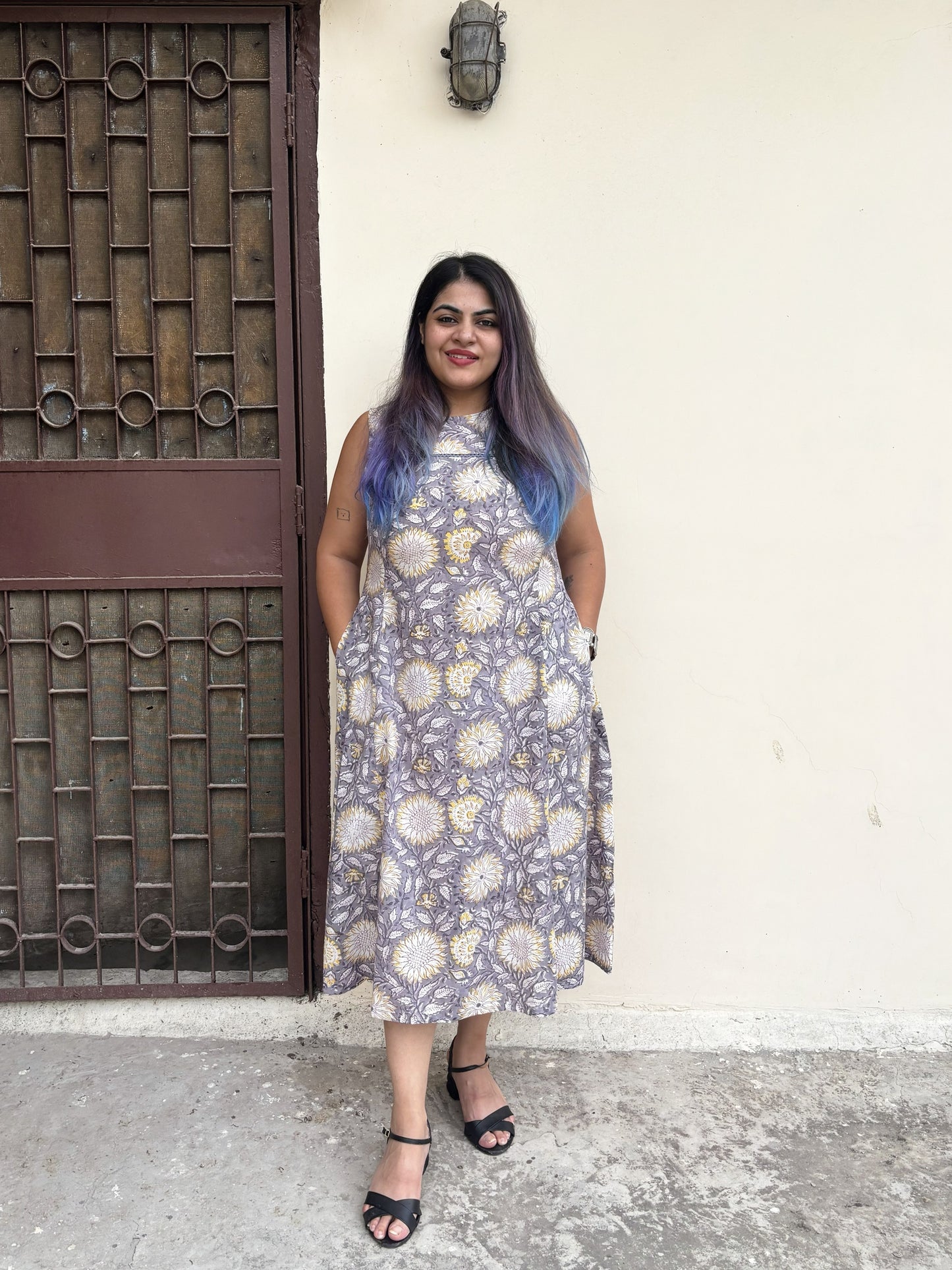 Sunflower Haze Hand Block Printed Midi Dress with Lace Detailing