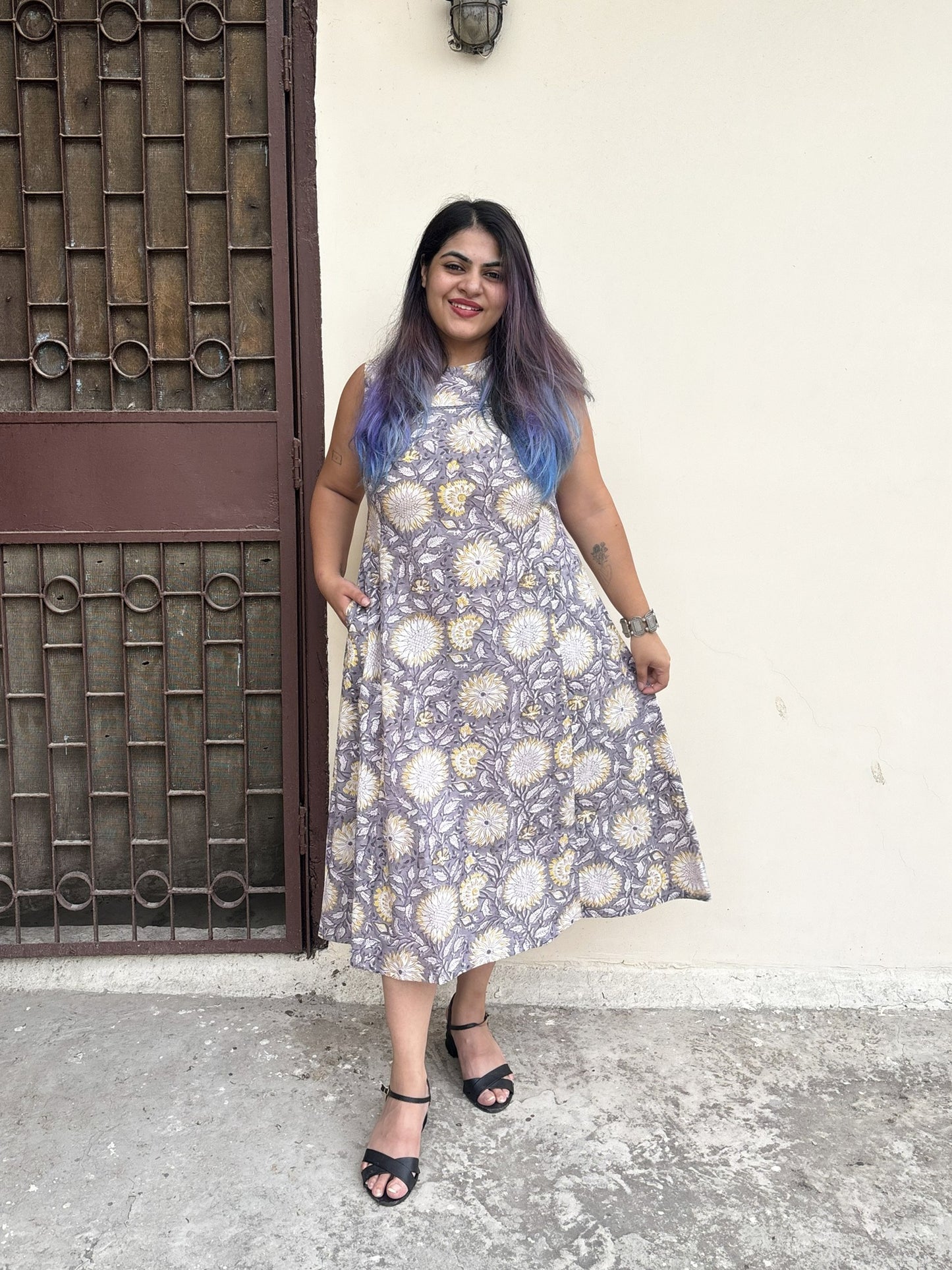 Sunflower Haze Hand Block Printed Midi Dress with Lace Detailing