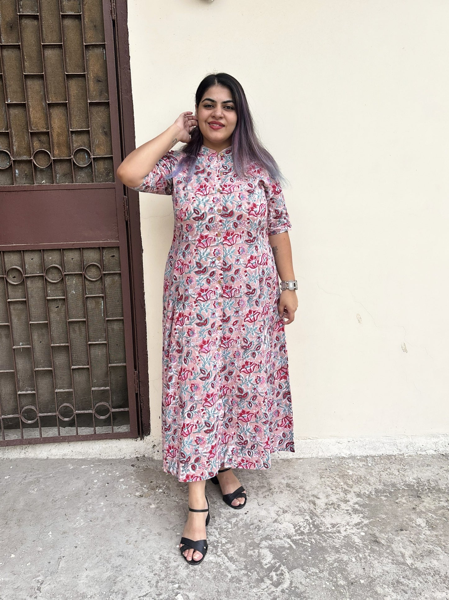 Dusty Rose Hand Block printed A Line Maxi Shirt Dress