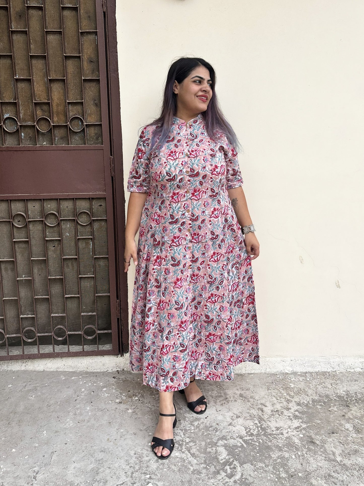 Dusty Rose Hand Block printed A Line Maxi Shirt Dress