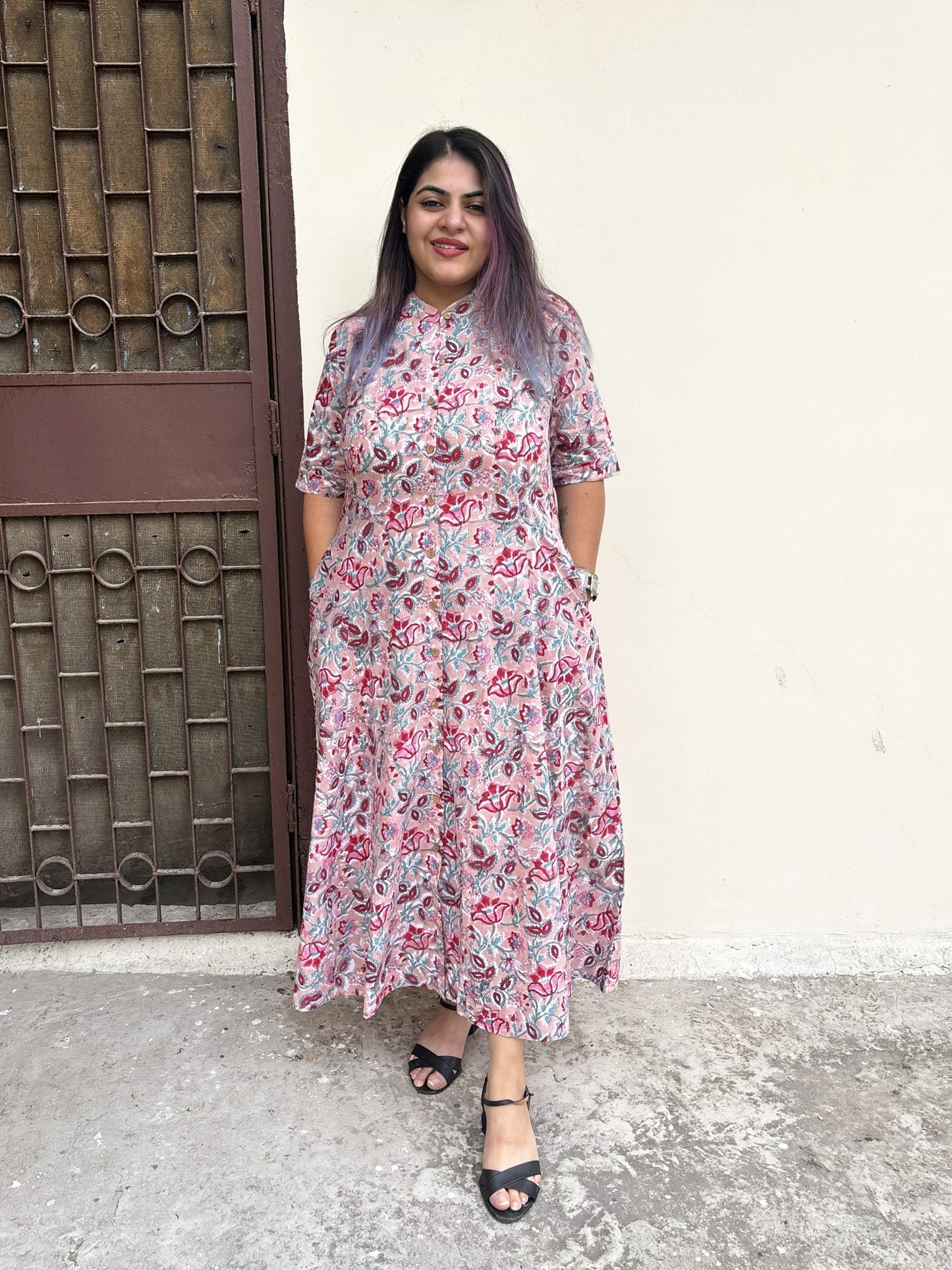 Dusty Rose Hand Block printed A Line Maxi Shirt Dress