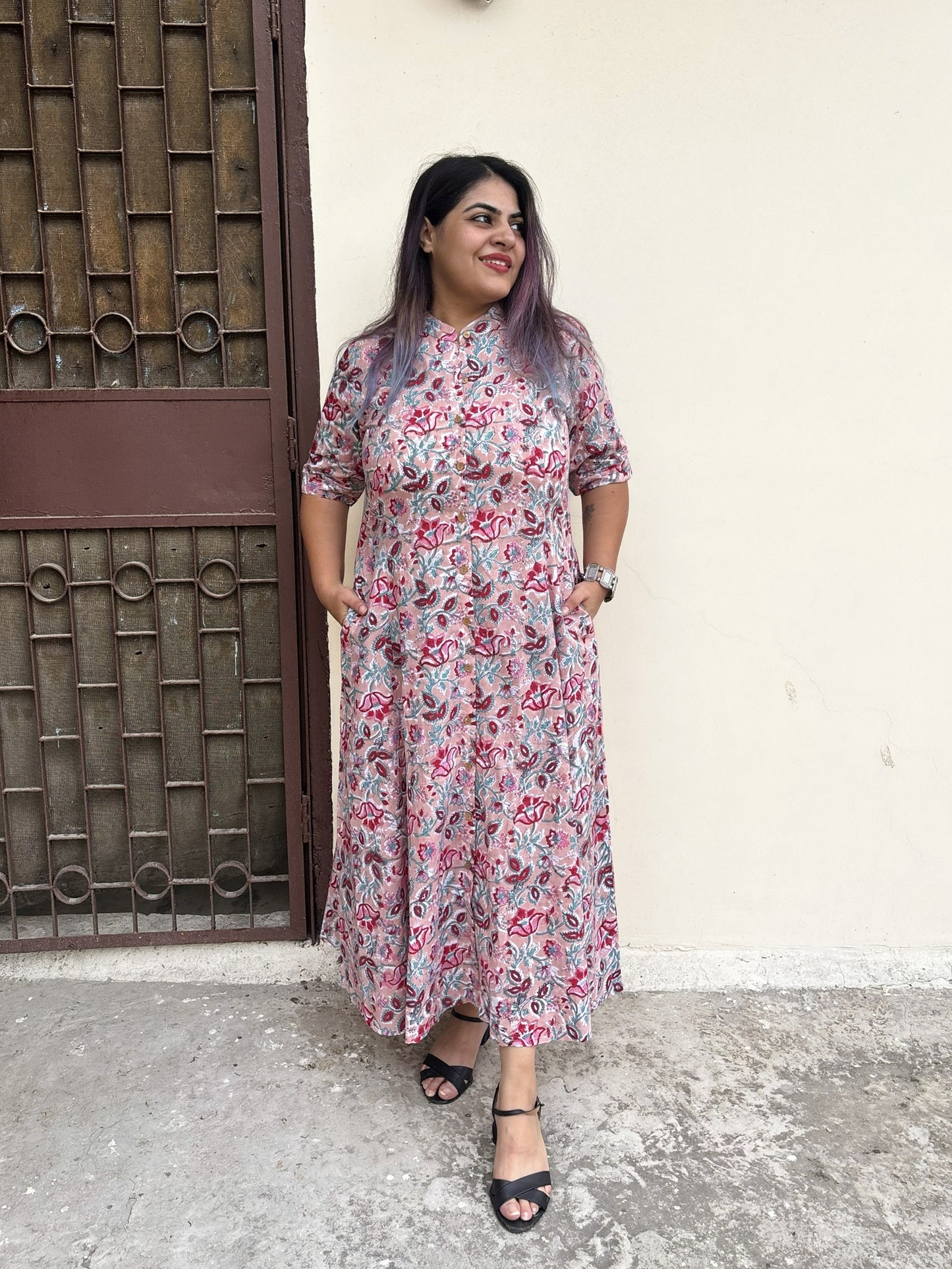 Dusty Rose Hand Block printed A Line Maxi Shirt Dress