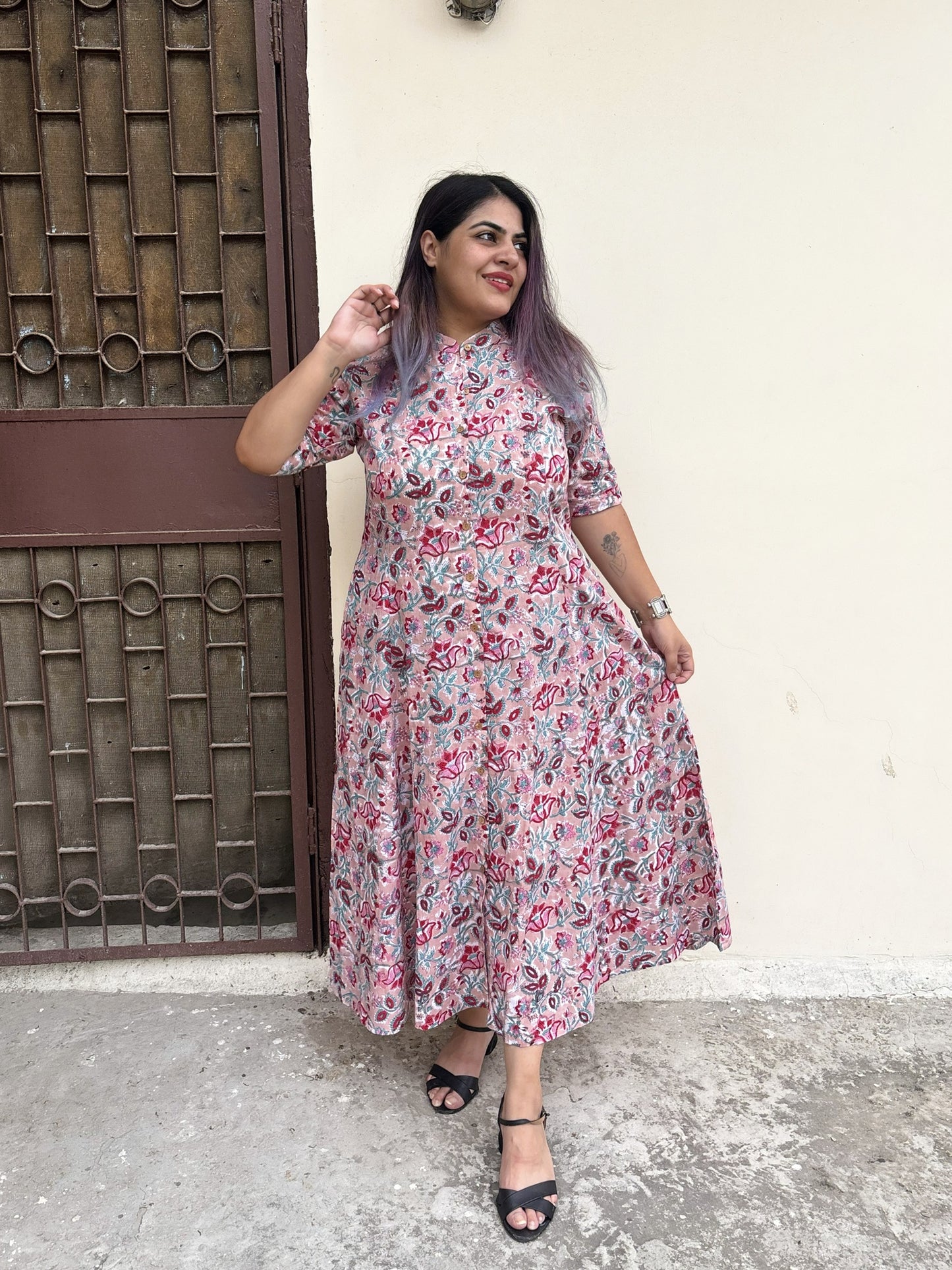 Dusty Rose Hand Block printed A Line Maxi Shirt Dress
