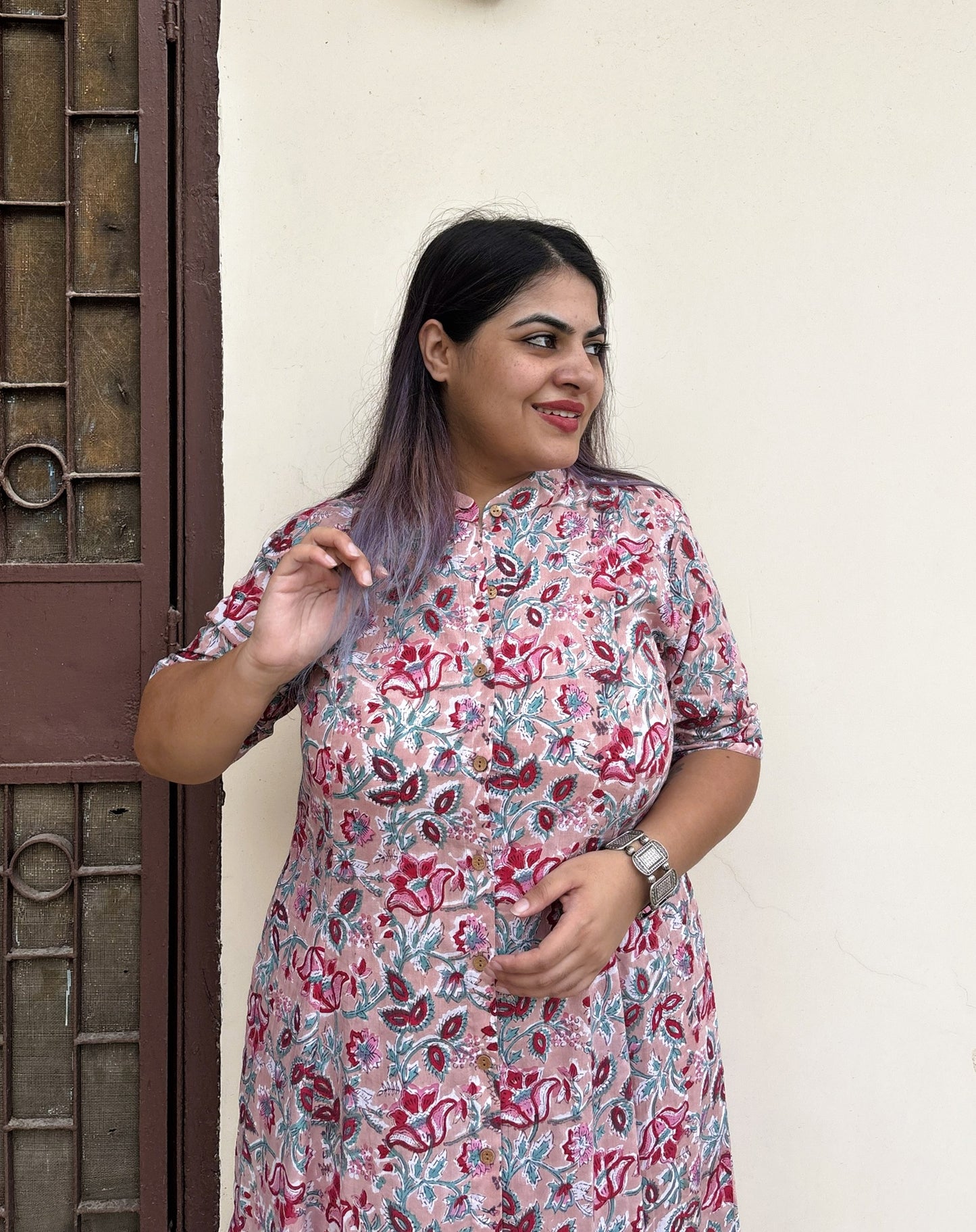 Dusty Rose Hand Block printed A Line Maxi Shirt Dress