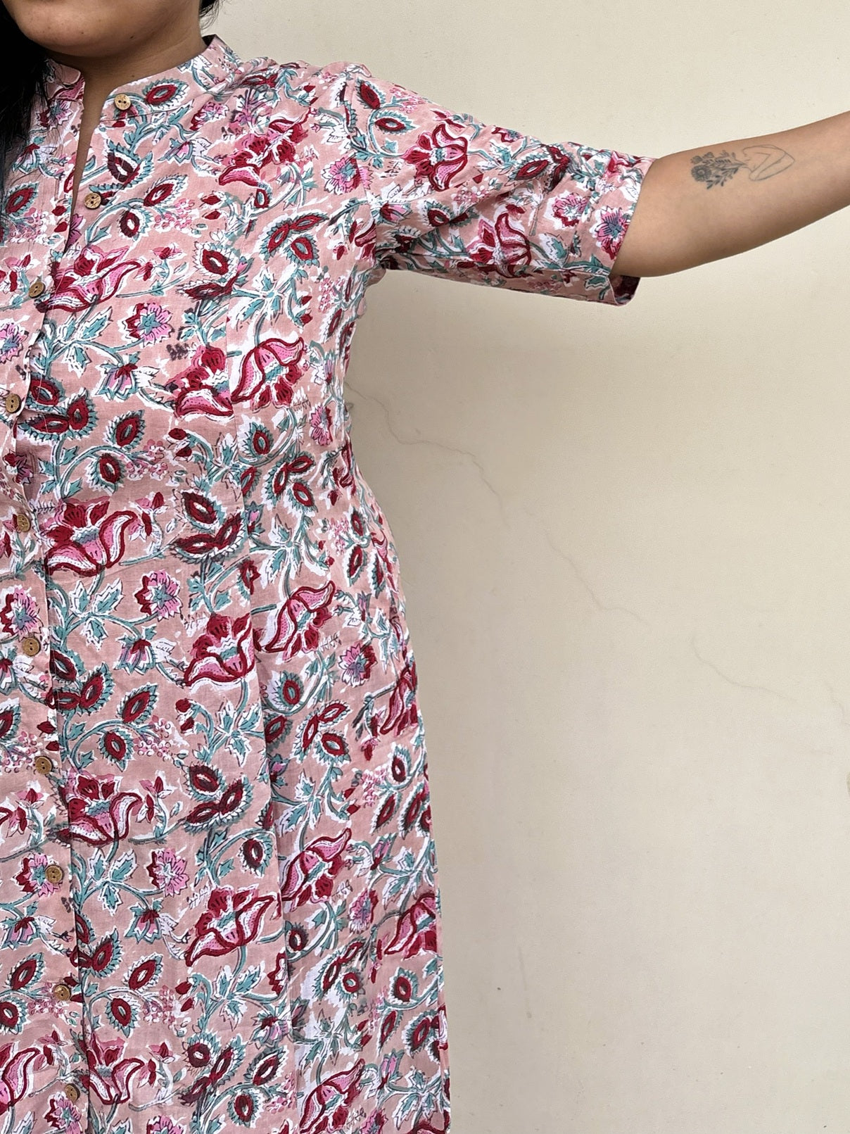 Dusty Rose Hand Block printed A Line Maxi Shirt Dress