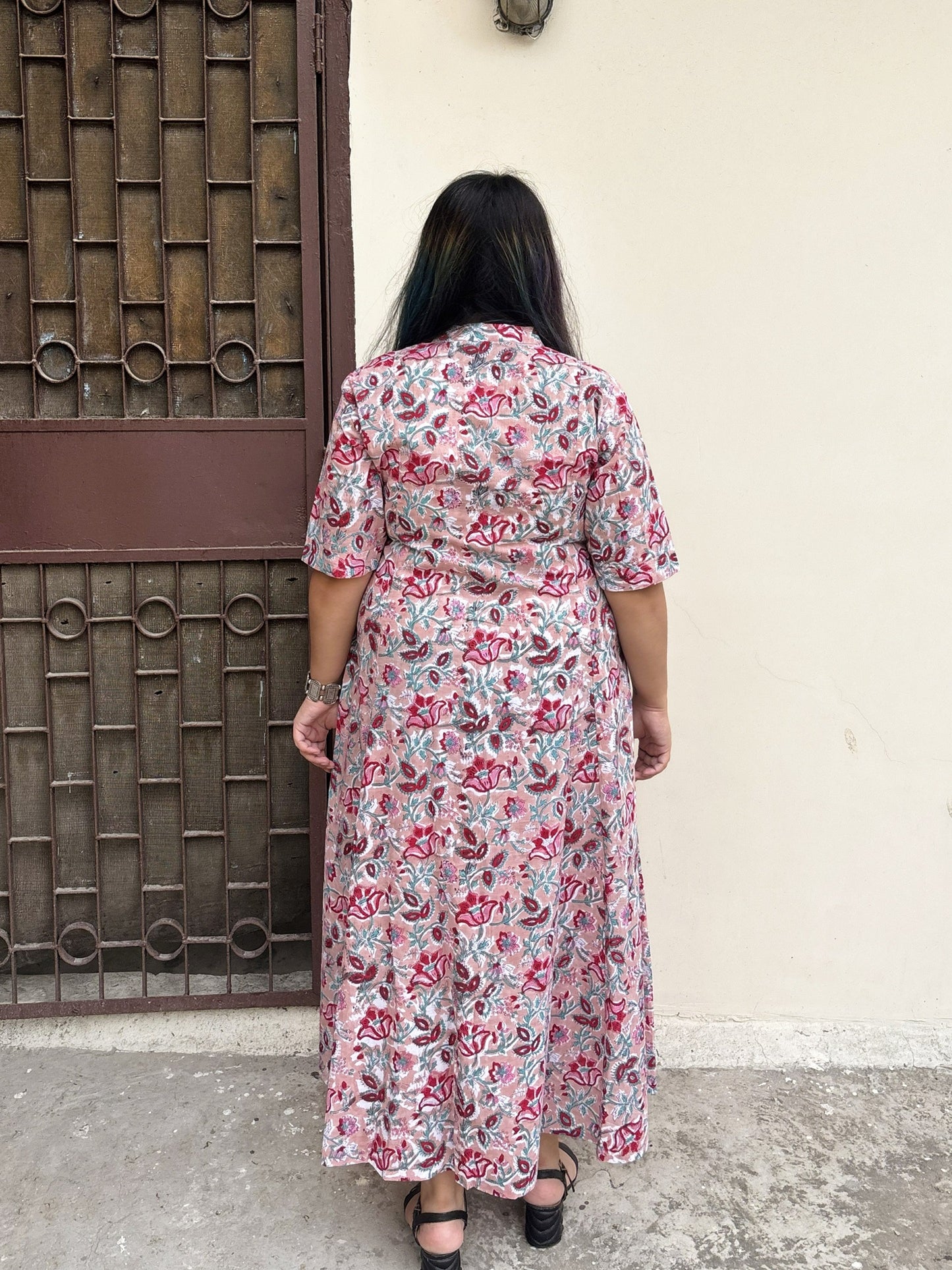 Dusty Rose Hand Block printed A Line Maxi Shirt Dress