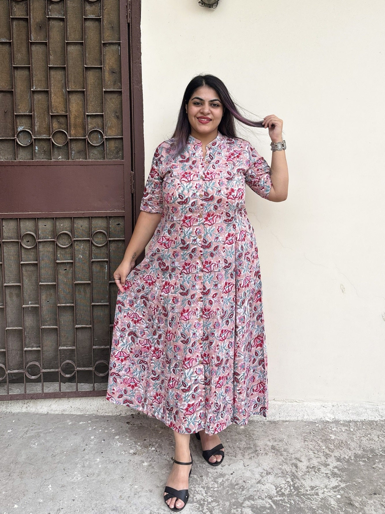 Dusty Rose Hand Block printed A Line Maxi Shirt Dress