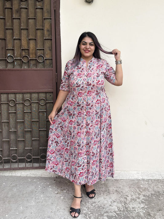 Dusty Rose Hand Block printed A Line Maxi Shirt Dress