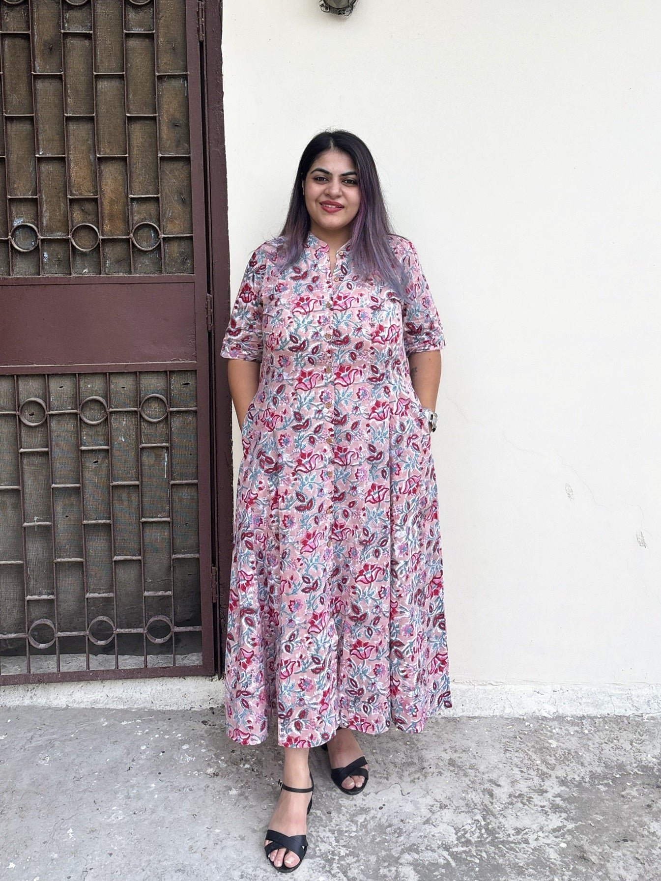 Dusty Rose Hand Block printed A Line Maxi Shirt Dress