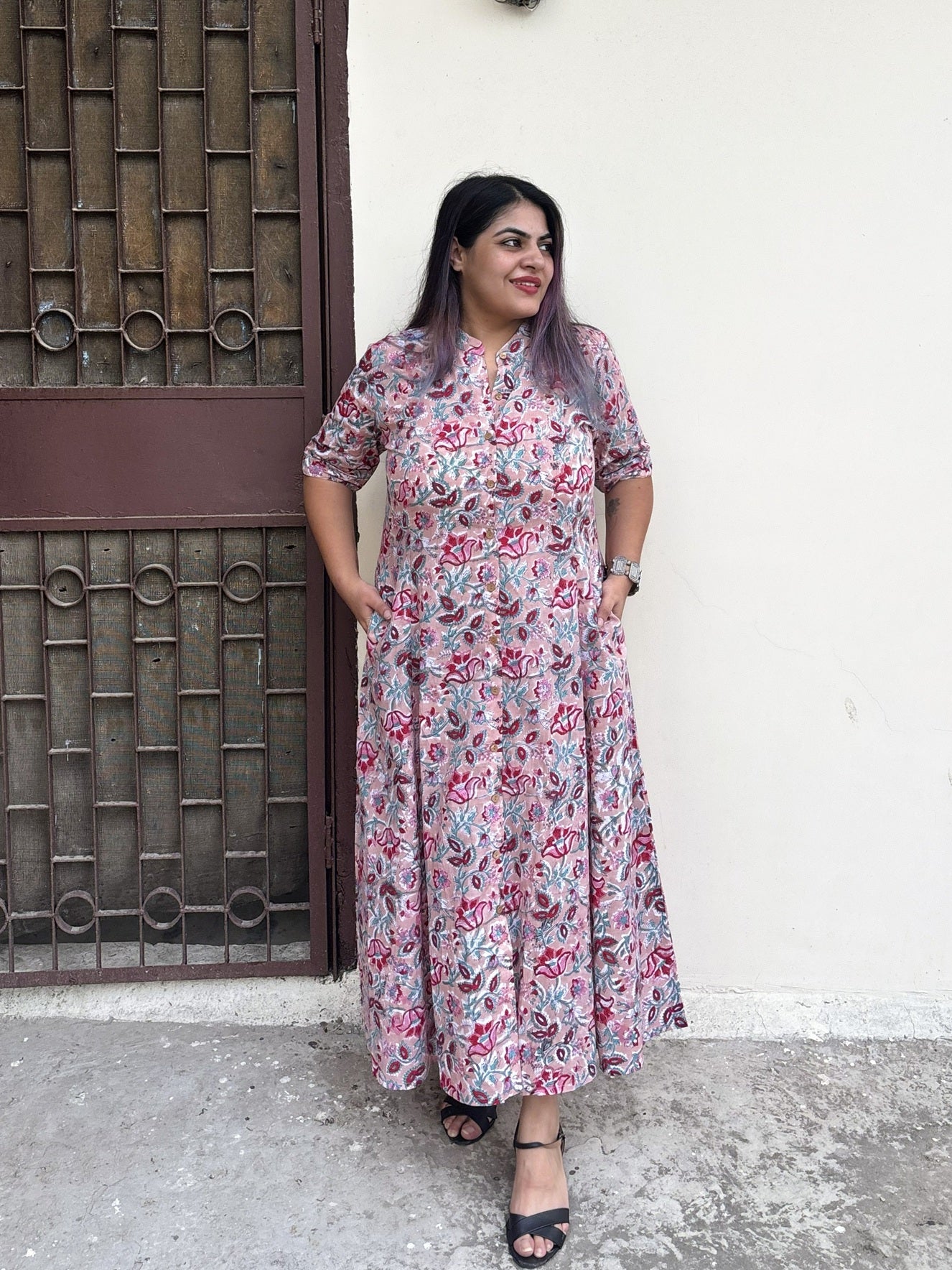 Dusty Rose Hand Block printed A Line Maxi Shirt Dress