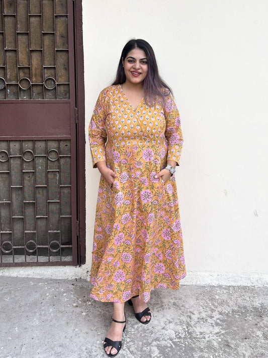 Chashini Hand Block Printed A Line Maxi Patch Dress
