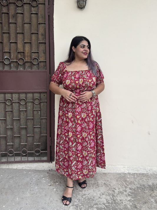Gulaal Hand Block Printed Maxi Dress with Puff Sleeves
