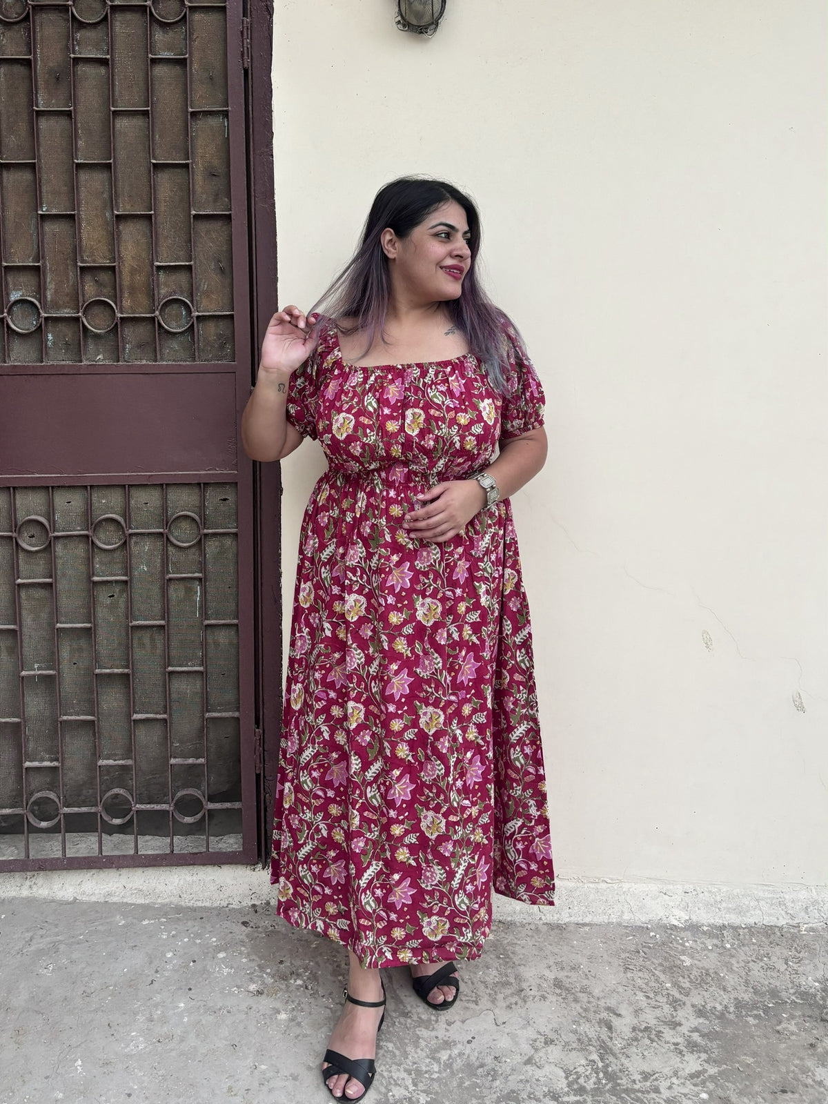Gulaal Hand Block Printed Maxi Dress with Puff Sleeves