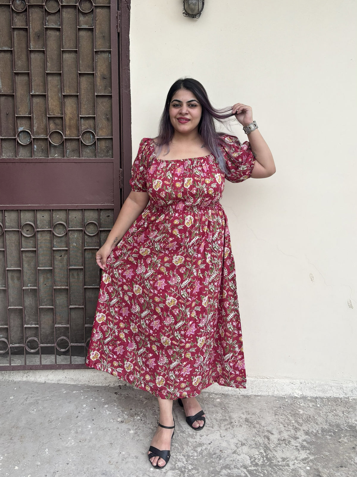 Gulaal Hand Block Printed Maxi Dress with Puff Sleeves