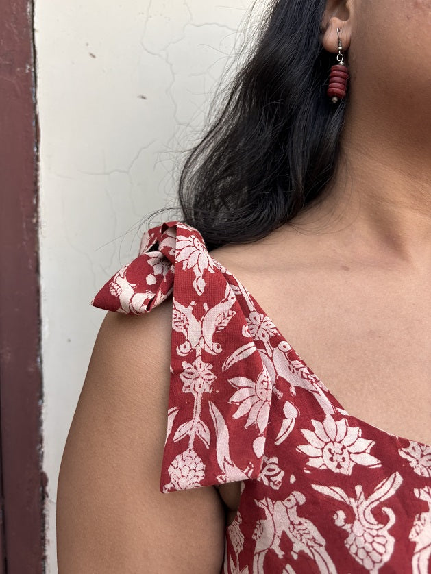 Mahi Hand Block Printed Tiered Midi Dress with Tie Knot Sleeves