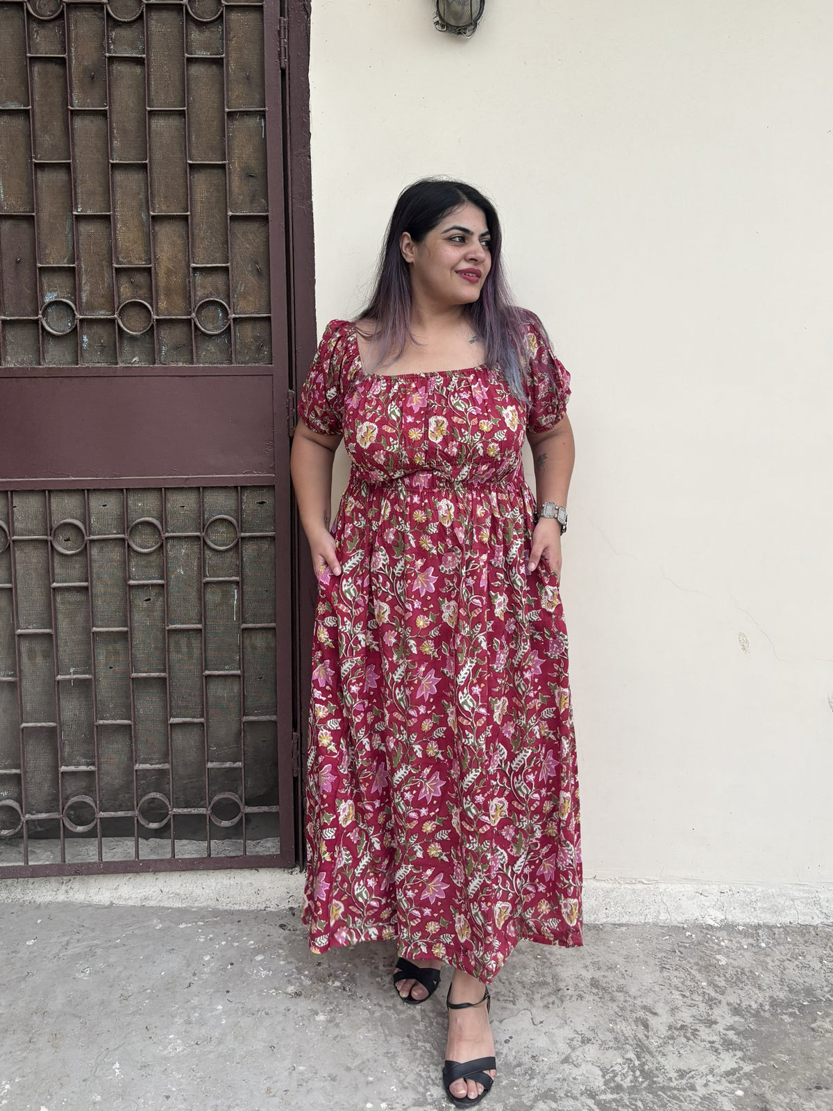Gulaal Hand Block Printed Maxi Dress with Puff Sleeves
