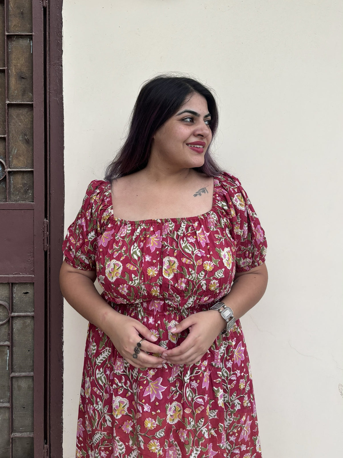 Gulaal Hand Block Printed Maxi Dress with Puff Sleeves