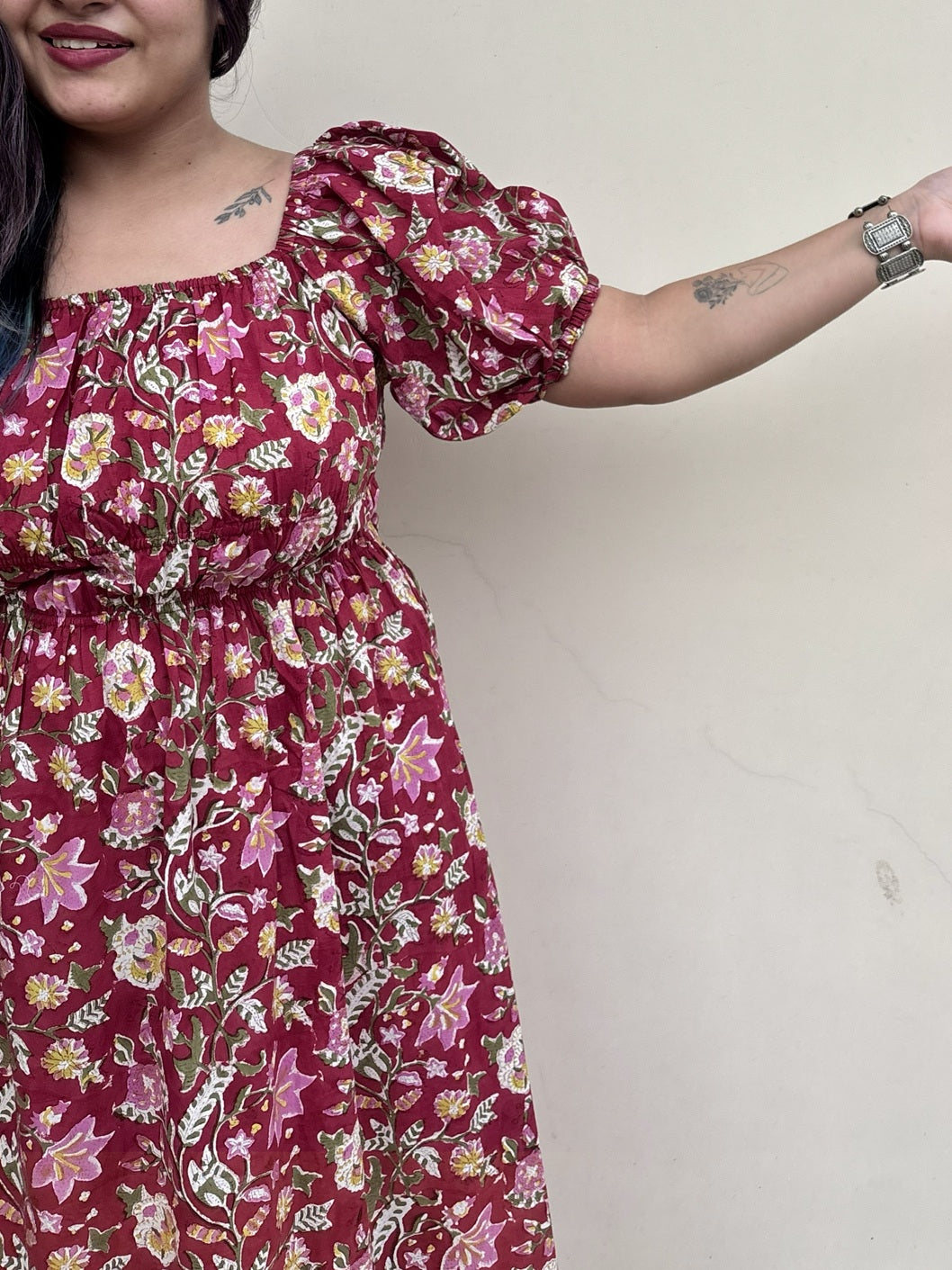 Gulaal Hand Block Printed Maxi Dress with Puff Sleeves
