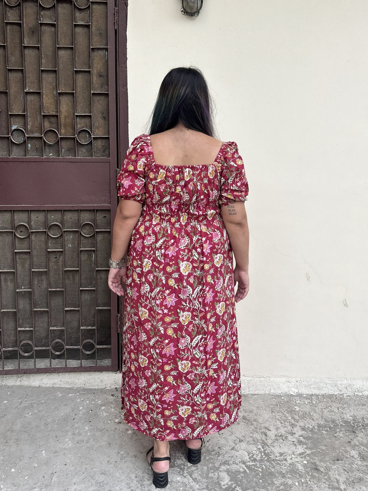 Gulaal Hand Block Printed Maxi Dress with Puff Sleeves