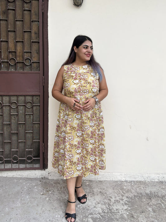 Buttercup Hand Block Printed Midi Dress with Lace Detailing