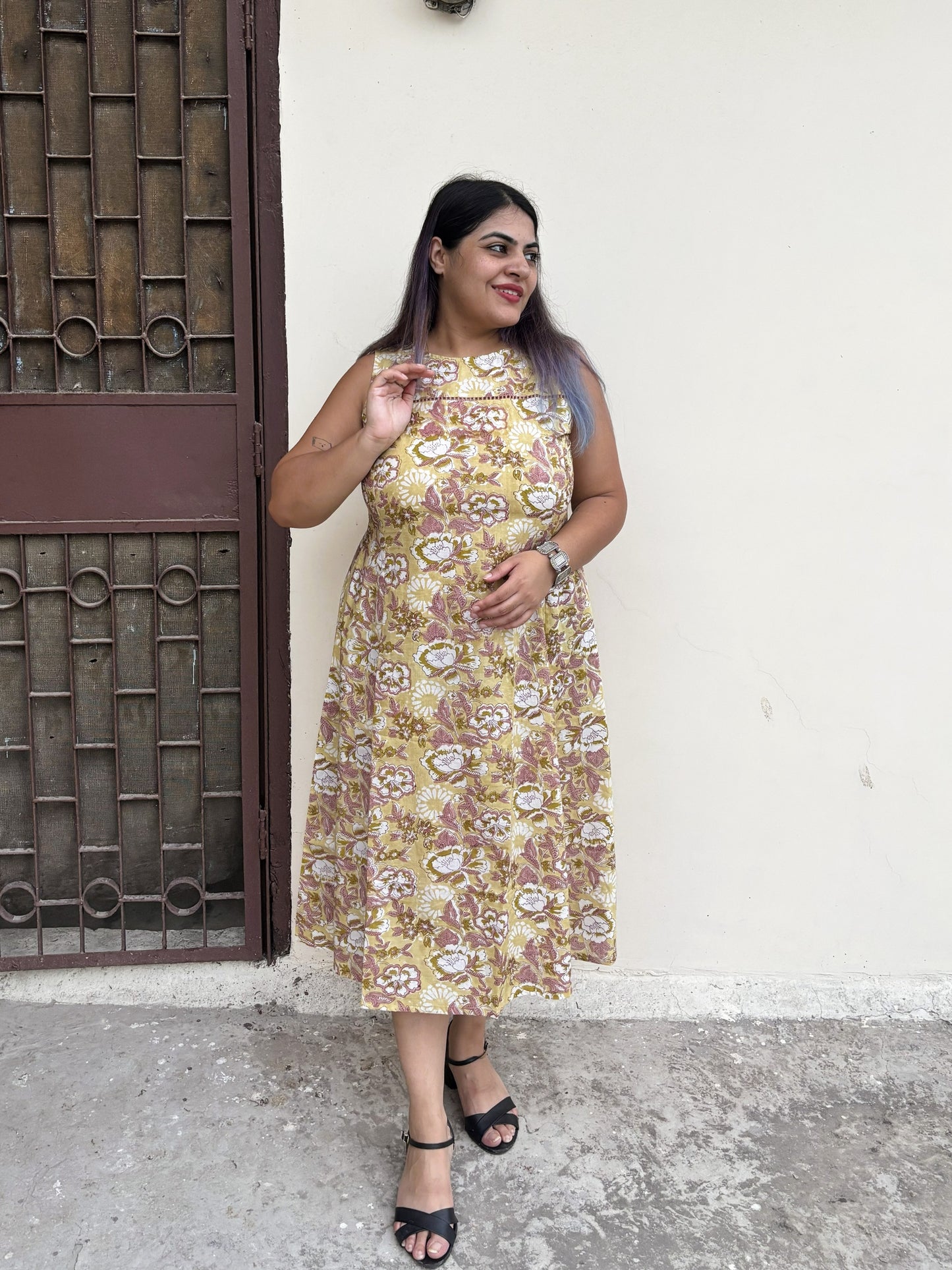 Buttercup Hand Block Printed Midi Dress with Lace Detailing