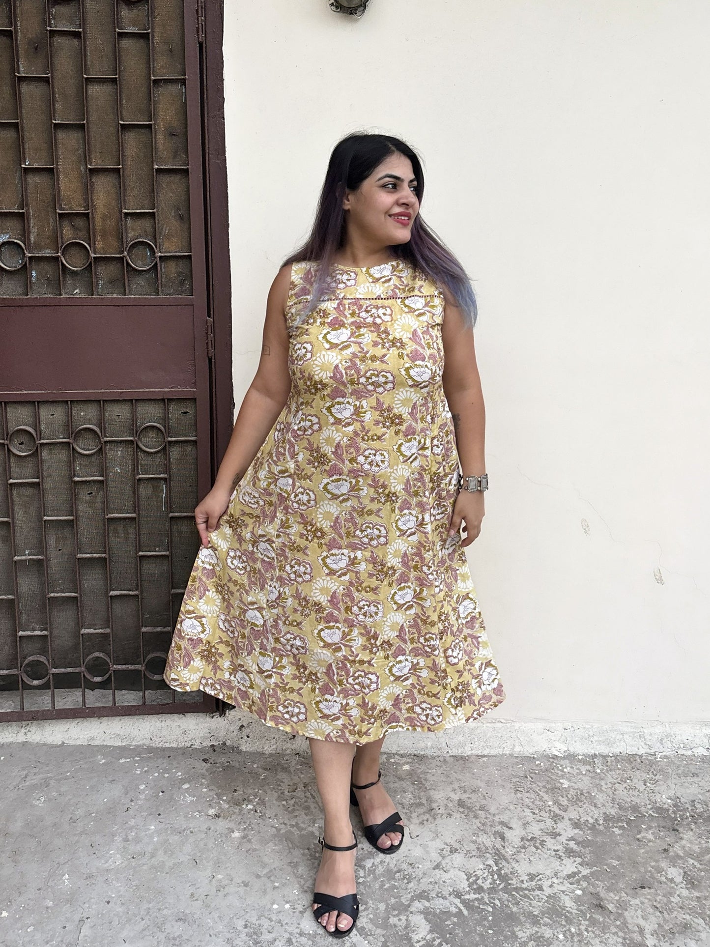 Buttercup Hand Block Printed Midi Dress with Lace Detailing