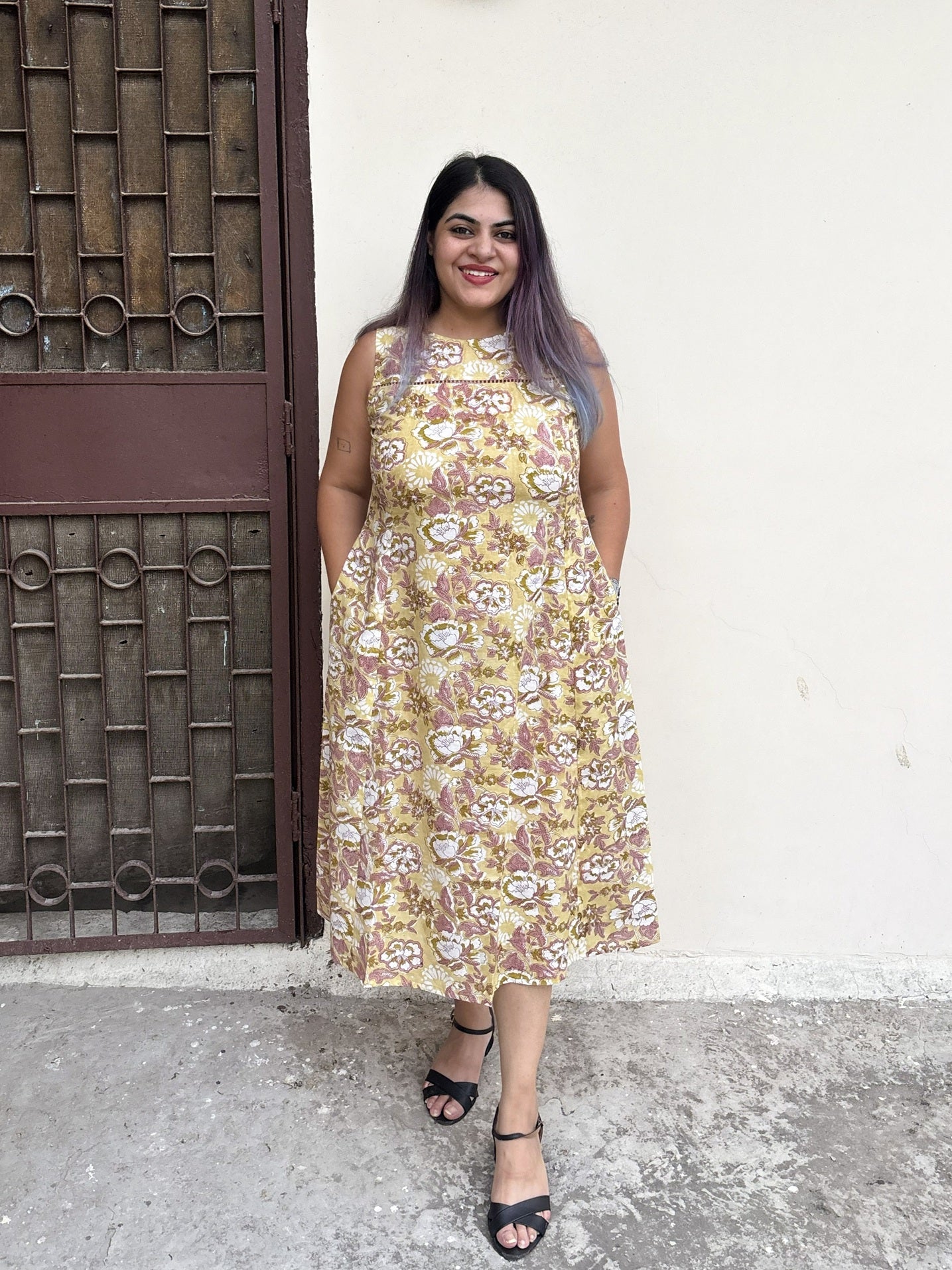 Buttercup Hand Block Printed Midi Dress with Lace Detailing