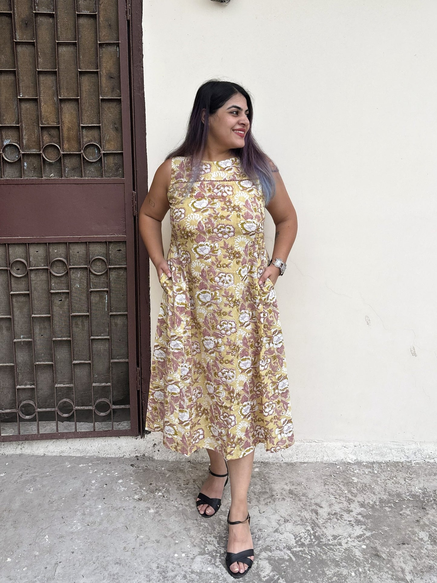 Buttercup Hand Block Printed Midi Dress with Lace Detailing