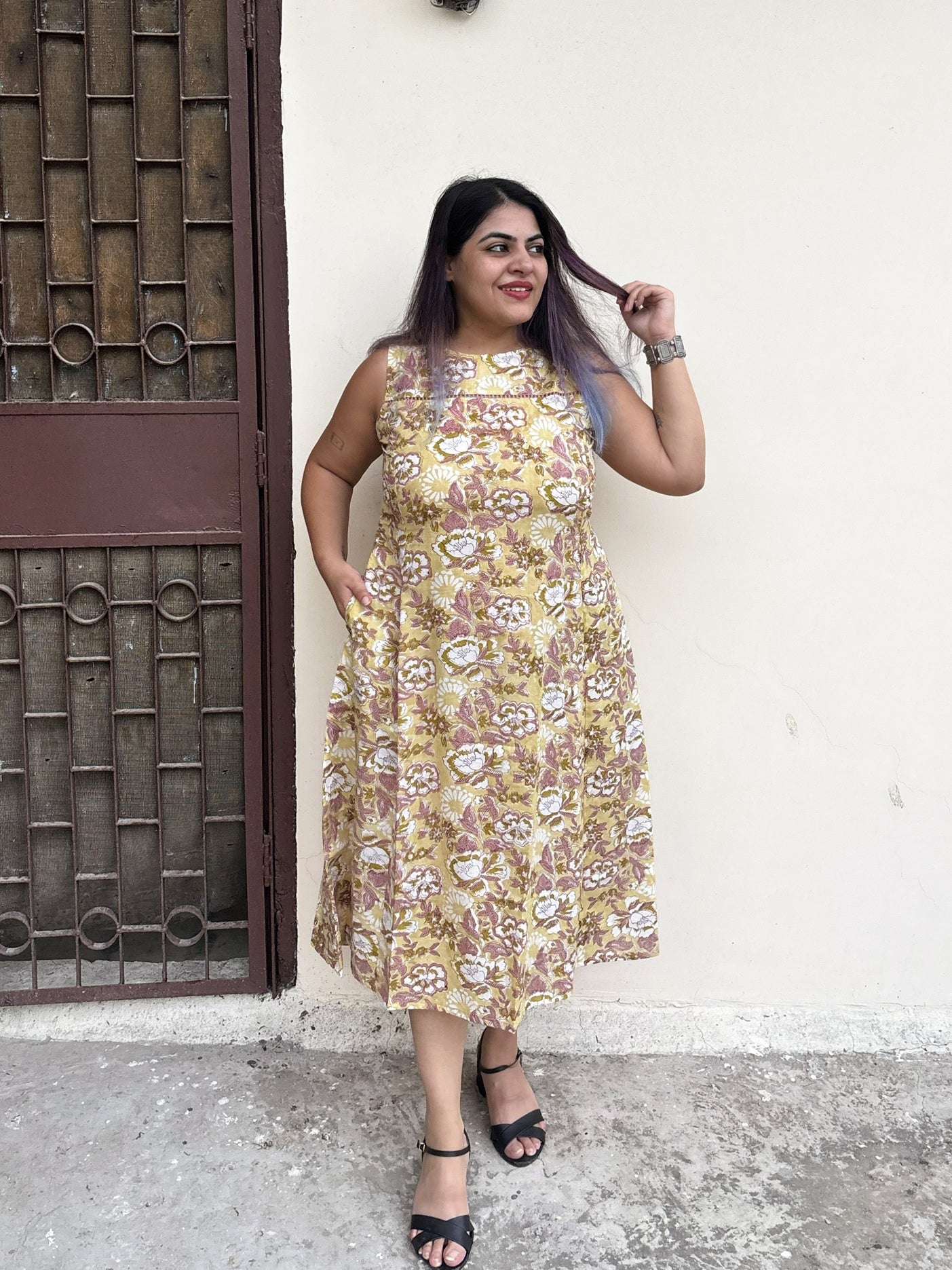 Buttercup Hand Block Printed Midi Dress with Lace Detailing