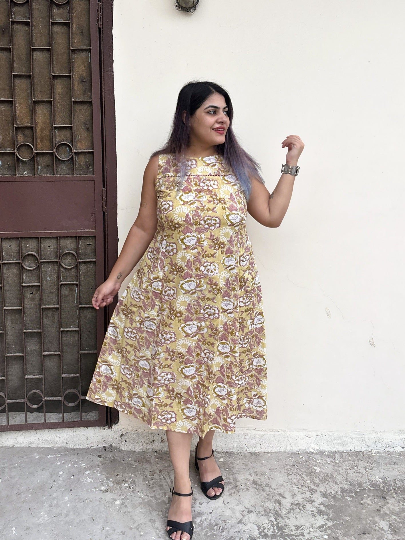 Buttercup Hand Block Printed Midi Dress with Lace Detailing