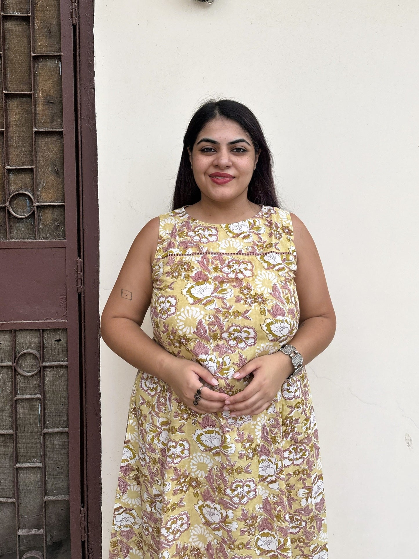 Buttercup Hand Block Printed Midi Dress with Lace Detailing