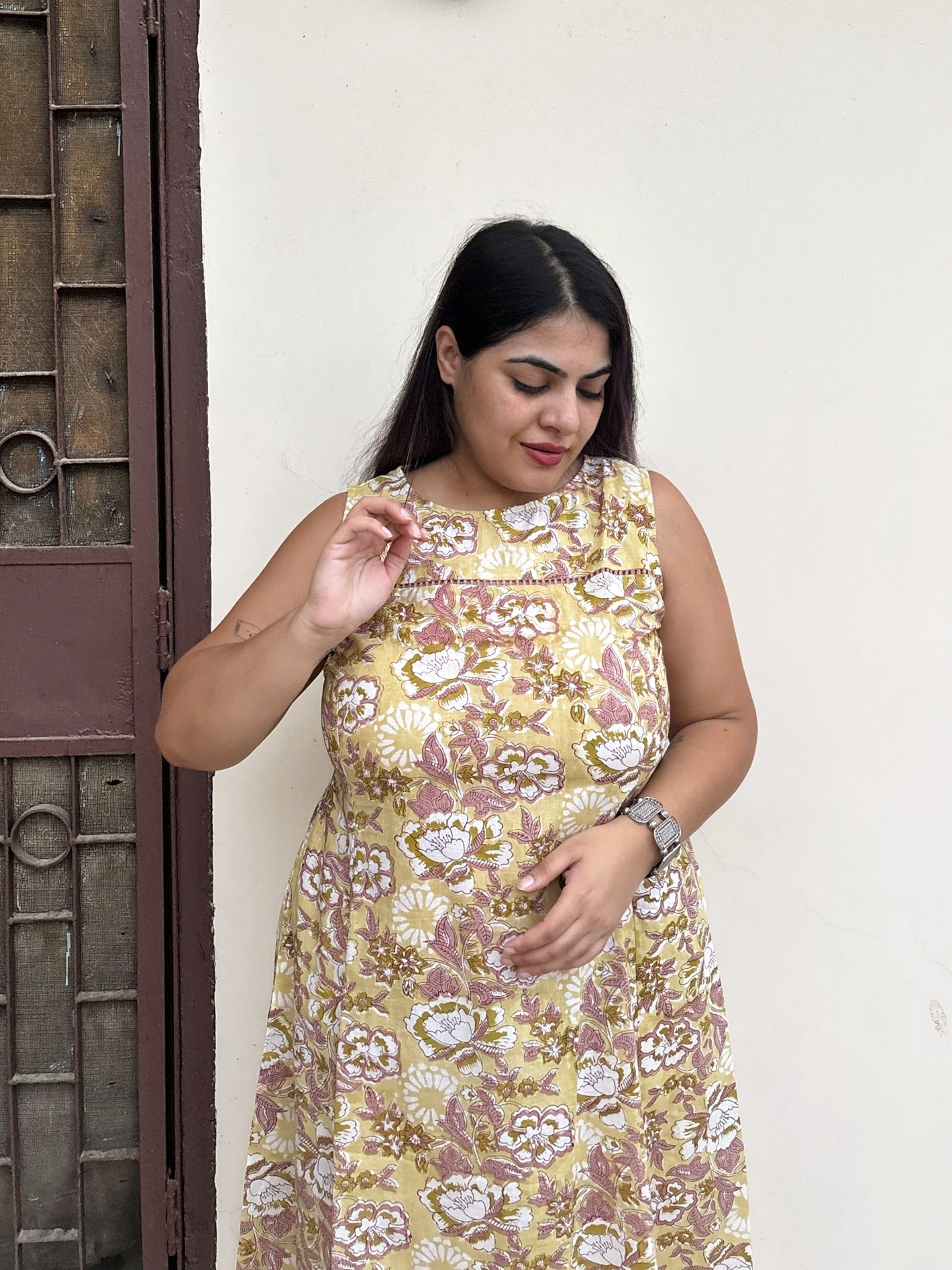 Buttercup Hand Block Printed Midi Dress with Lace Detailing
