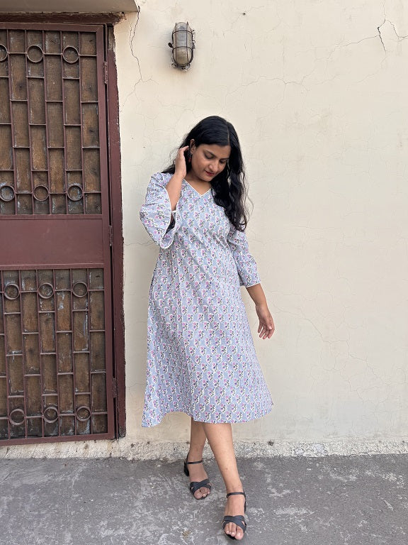 Amiya Hand Block Printed A Line Midi Dress with Lace Detailing