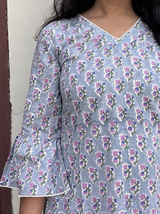 Amiya Hand Block Printed A Line Midi Dress with Lace Detailing