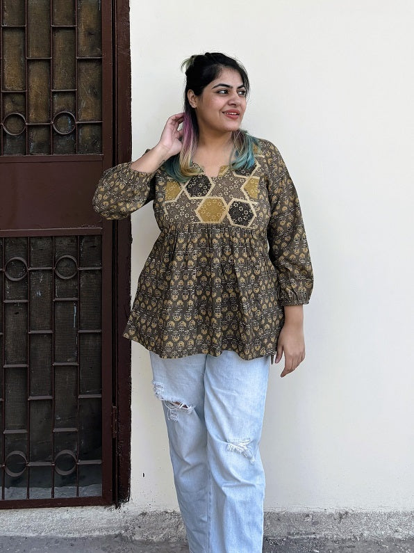 Kashish Ajrakh Boho Top with Back Drawstring