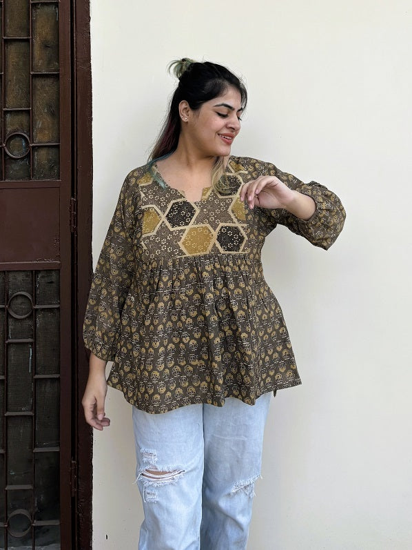 Kashish Ajrakh Boho Top with Back Drawstring