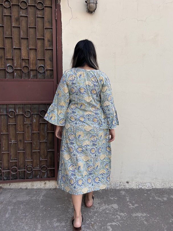 Iraa Hand Block Printed A Line Midi Dress with Lace Detailing