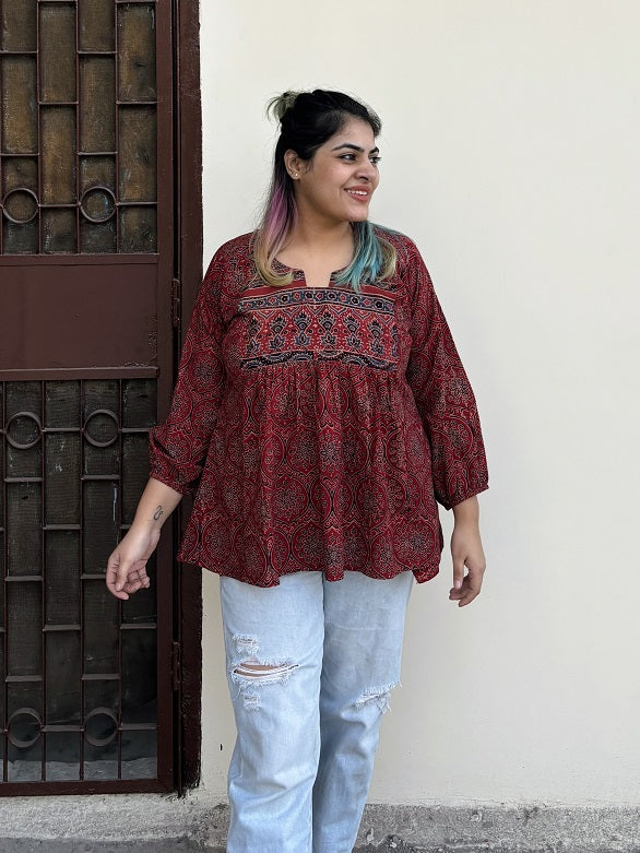 Red Ajrakh Boho Top with Back Drawstring