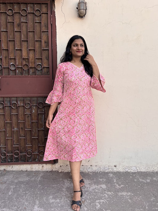 Saachi Hand Block Printed A Line Midi Dress with Lace Detailing