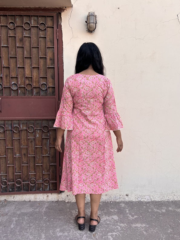Saachi Hand Block Printed A Line Midi Dress with Lace Detailing