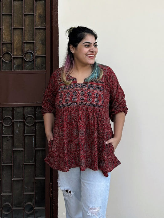 Red Ajrakh Boho Top with Back Drawstring