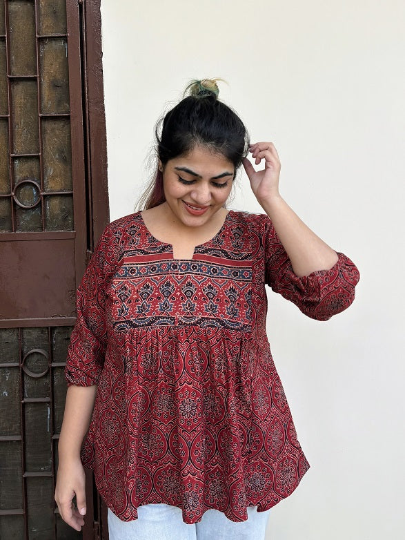 Red Ajrakh Boho Top with Back Drawstring