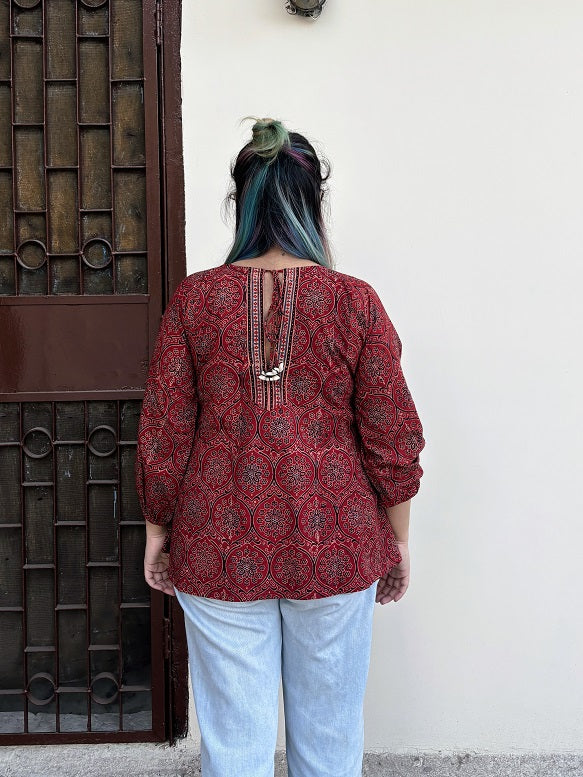 Red Ajrakh Boho Top with Back Drawstring