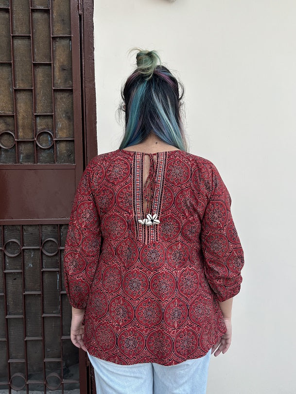 Red Ajrakh Boho Top with Back Drawstring