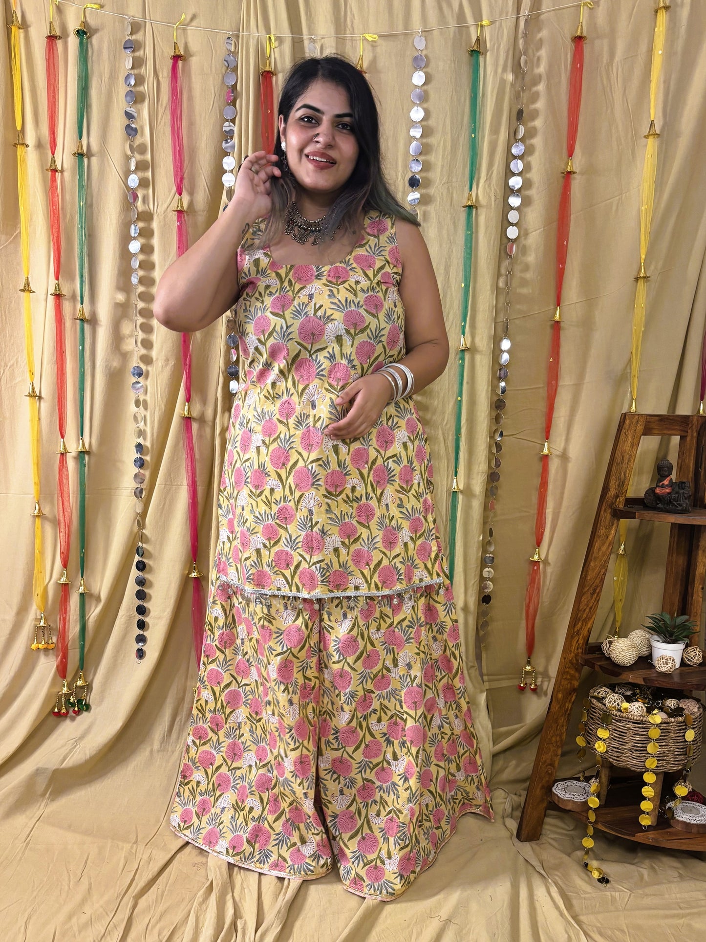 Basanti Short Kurti with Kali Pants Set with Corset Back